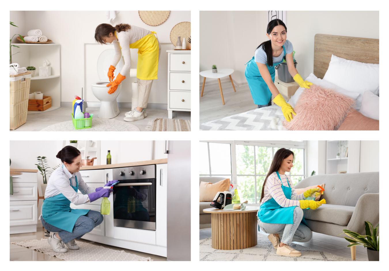 cleaning professionals cleaning bathroom, bedroom, kitchen and living room
